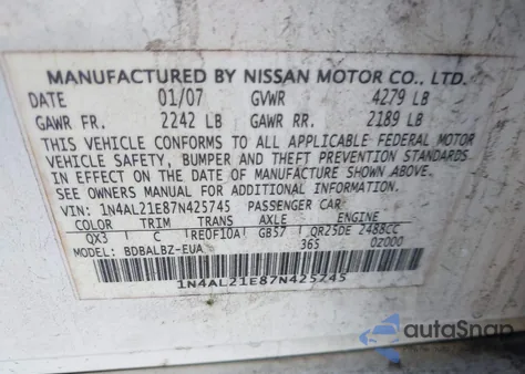 2007 Nissan Altima 2.5 S from USA, damaged, VIN 1N4AL21E87N425745